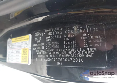 2012 Kia Sedona Lx z USA, uszkodzony, nr VIN KNDMG4C76C6472010
